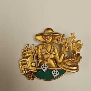Gold Lady Luck Brooch with Dice and Cards